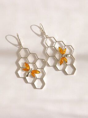 Baltic Amber Bee Earrings in Sterling Silver